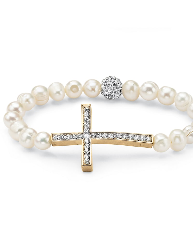 Front of a size 8 in Genuine Cultured Pearl and Crystal Horizontal Cross Stretch Bracelet Goldtone in White by PalmBeach Jewelry. | dia_product_style_image_id:333241